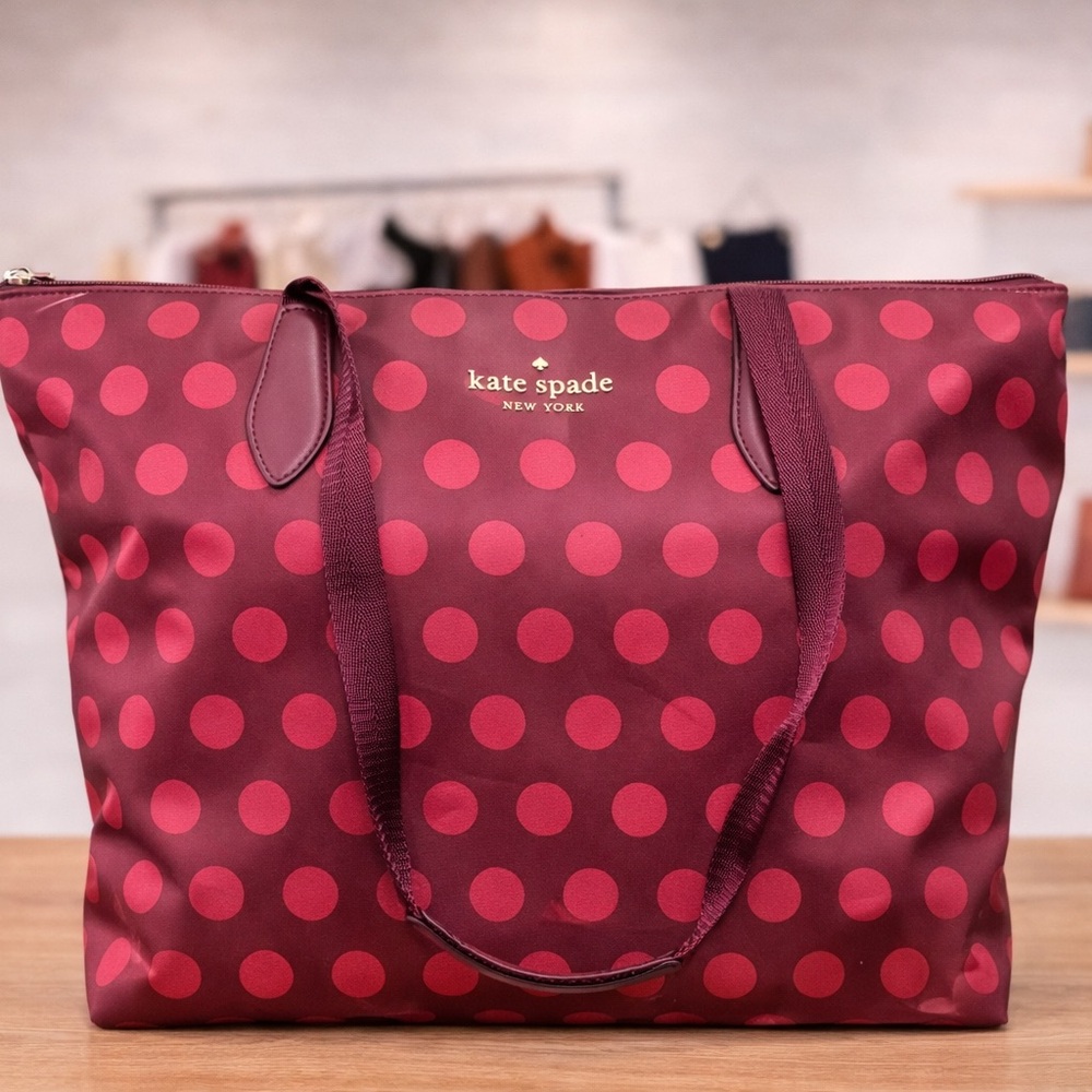 Kate Spade Polka Dot Tote Bag Plum Pink Nylon Large Shopper